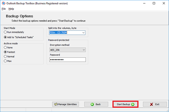backup outlook email account with password
